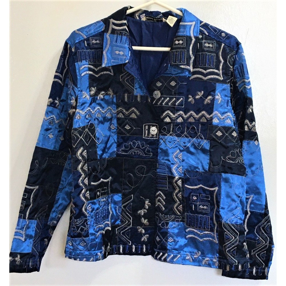 French Laundry Blue Satin Embroidered Blazer Women's Large